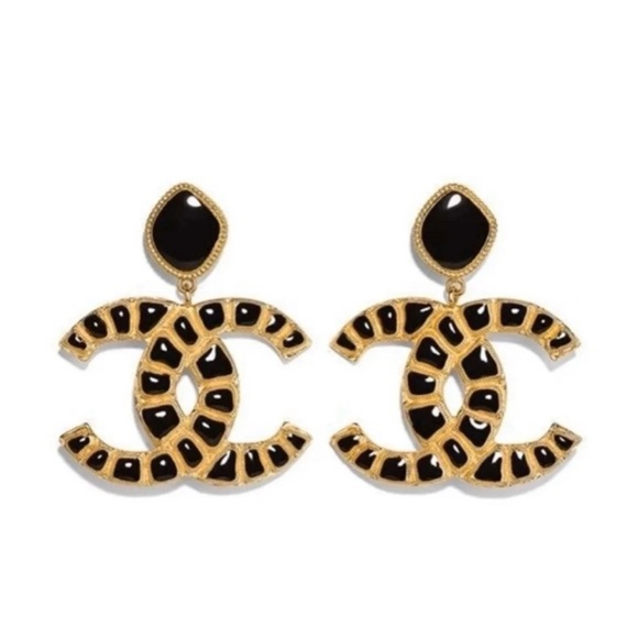 CHANEL Gold and Black Logo Earrings - Picture 1 of 8